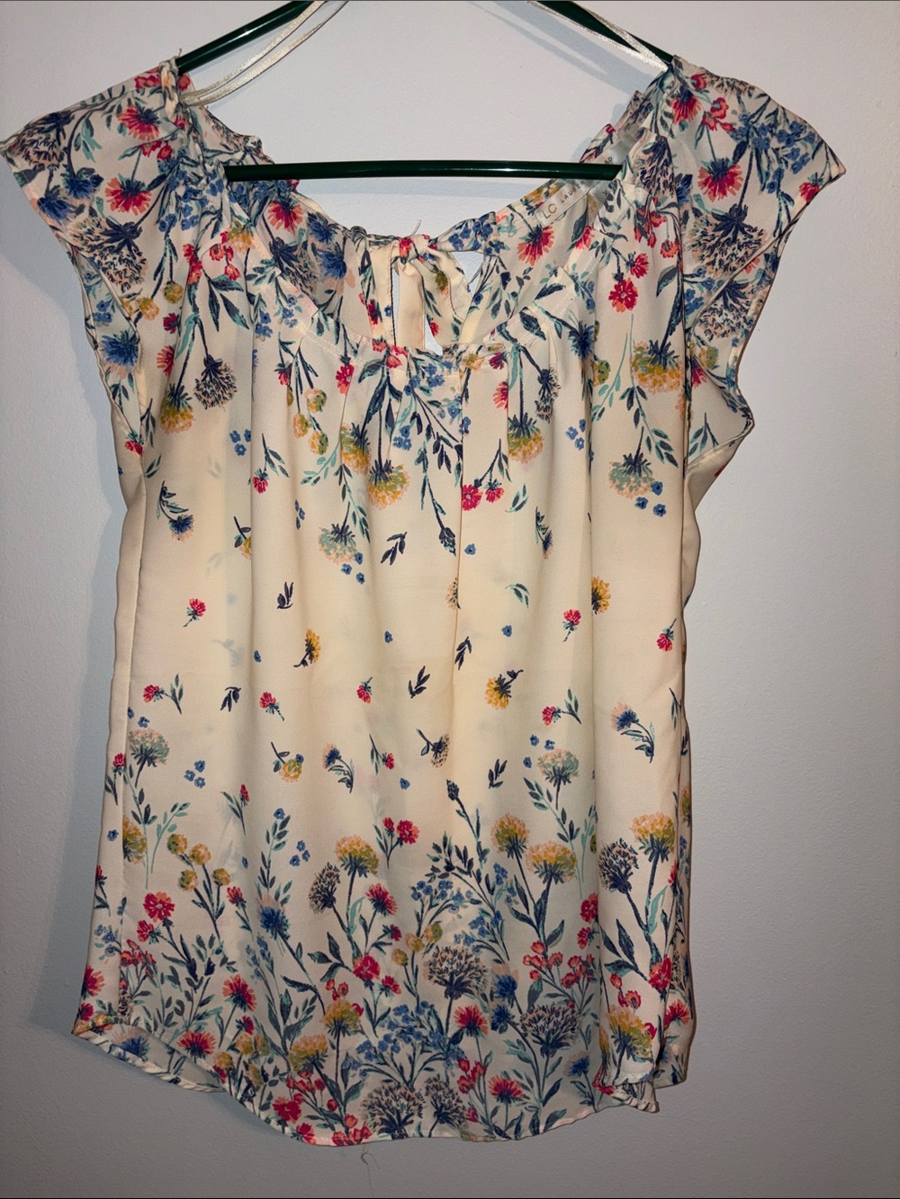 LC Lauren Conrad Cream Floral Short Sleeve Blouse with Blue and Pink Accents